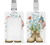 Blue Flower American Flag Military Boots ID Badge Holder Retractable Clip Card Holder Card Protector Name Badge Name Tag for Work Office Doctor Nurse