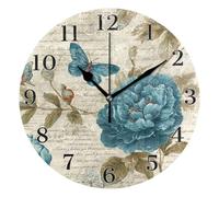 Blue Flower Butterfly Retro Pattern Wall Clock Silent Non-Ticking Clocks Battery Operated Wall Clock for Home Office