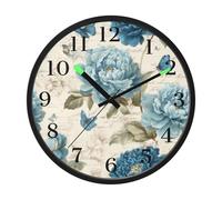 Blue Flower Butterfly Vintage Pattern Night Light Wall Clock Glow in Dark Light Up Wall Clocks Non-Ticking Silent Battery Operated Clocks 12 Inch for Bedroom Home