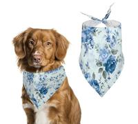 Blue Flower Floral Pattern Roses Dog Bandanas for Feeding Grooming, Triangle Pet Bibs Washable Pets Scarf for Cats & Dogs