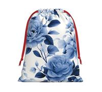 Blue Flower Floral Pattern Roses Super Soft Velvet Gift Bag with Drawstring Pouch, Full Printed Holiday Storage Bag for Christmas & Daily Storage