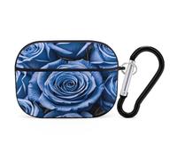 Blue Flower Pattern Roses Earbuds Organizer Shockproof Protective Airpods Pro Cover with Carabiner Clip Anti Fall Carrying Earphone Case Cover for Airpods Pro 2nd Generation Black