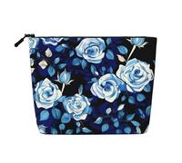 Blue Flower Pattern Roses Print Makeup Bag Cute Cosmetic Bag for Women Makeup Pouch Travel Toiletry Bag for Lady