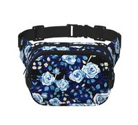 Blue Flower Pattern Roses Print Square Double Layer bag Waist Bag Trendy Pack Travel Bag with Adjustable Bel, Black, One Size
