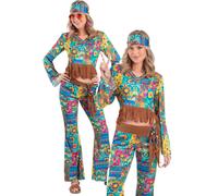 Blue Flower Power Hippy Costume Ladies 60s 70s Fancy Dress Outfit UK 8-14