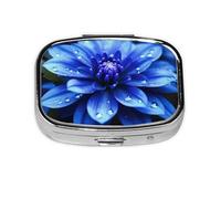 Blue Flower Print Pill Box Square Pill Case 2 Compartment Small Metal Medicine Organizer Portable Travel Pillbox for Pocket Purse Cute Mini Pill Container to Hold Daily Vitamins