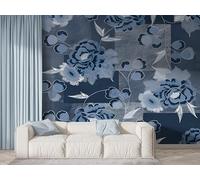 Blue Flower Rose Wall Mural, Self-Adhesive Peel & Stick Wallpaper, Vintage Patchwork Design Photo Wallpaper for Living Room & Bedroom (250x175 cm), F-922