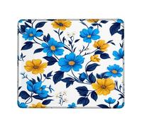 Blue Flower Small Mouse Pad, Floral Modern Yellow Flower Leaf Spring Blue Square Rubber Non Slip Portable Mini Desk Mousepad Decor for Home Office Work Gaming Desk Square 8x10 Inch