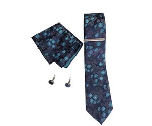 Blue Flower Ties for Men Perfect 5pc with Stylish Necktie, Pocket Square, Cufflinks, Tie Pin Complete Tie Accessory Kit Boxed Gift