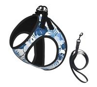 Blue Flower Tropical Print Dog Harness Small Sized And Leash Set, Step In Soft Light Puppy Vest Breathable Mesh Pet Harness