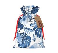 blue flower tropical Printed Christmas Drawstring Bags with Red Ribbon - Reusable Burlap Drawstring Gift Pouches, M