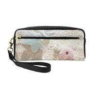 Blue Flower with Starfishes On Beach Double-Sided Printed Leather Portable Makeup Pouch-Multi-Purpose Cosmetic Bag, Pencil Case and Organizer for Women