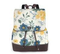 Blue Flower Yellow Floral Pattern Print Women Backpack Large Capacity PU Leather Diaper Bag Casual Daypack for School Travel Work