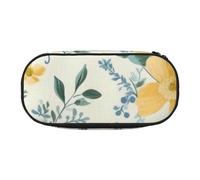 Blue Flower Yellow Floral Pattern Printed Oxford Fabric Pencil Case with Spacious Design for School, Office, Travel - Multi-Use Stationery & Makeup Pouch