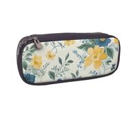 Blue Flower Yellow Floral Pattern Printed Pu Leather Pencil Case Box Flip Pen Bag and Makeup Cosmetic Holder for Girls Boys School Students