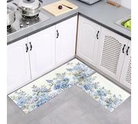 Blue Flowers Branches Leaves Kitchen Rugs Runner Set of 2, Anti Fatigue Watercolor Plants Kitchen Floor Mat for Home Decoration, Washable Non Slip Blue Mats, for Hallway Laundry Room 50x80cm+50x180cm