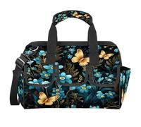 Blue Flowers Butterflies Heavy Duty Tool Bag 14.8 Inch for Men, Wide Mouth Garden Tool Storage Bag with Adjustable Shoulder Strap, 14 Pockets Tool Bag Organizer for Construction, Gardening
