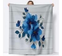 Blue Flowers Butterflies Print Throw Blanket 130 x 150 cm, Soft Cozy Fluffy Flannel Blanket Bedding for Boys Girls Hand Drawn Minimalist Large Warm Throw for Bed Couch Trave