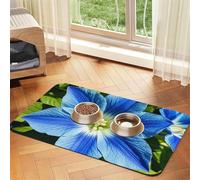 Blue Flowers Dog Food Mats for Floors, 16x24 Inch Non-Slip Super Absorbent Pet Food Mat, Dishwasher Dog Mat for Food and Water, Cute Rubber Quick Dry Pet Feeding Mat for Dogs Puppy Cats