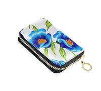 Blue Flowers Green Leaves White Wallets for Women Zip Around Card Holder Wallets RFID Blocking Leather Travel Cash Wallet with Coin Pocket