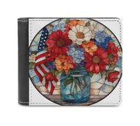 Blue Flowers in Mason Jar American Flag Soft PU Leather Bifold Wallet, Coin Purse Credit Pass Case, Durable Card-Holder Slim Billfold for Men Woman Money Storage