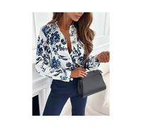 (Blue flowers, M) Ladies Elegant Leopard Print Pocket Blouse Autumn Fashion Multi-color Long Sleeved Printed Shirt For Women Streetwear Tops