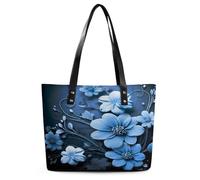 Blue Flowers Tote Bag Large Soft Leather Purse with Zipper Lightweight Ladies Shoulder Handbag
