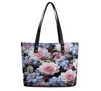 Blue Flowers Tote Bag Large Soft Leather Purse with Zipper Lightweight Ladies Shoulder Handbag