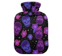 Blue Fluorescent Skull Flowers Black hot Water Bottles with Soft Cover, 1L hot Compress for Neck and Shoulder Pain Relief,Neck and Shoulder Pain Relief,Bolsa para agua Caliente