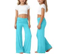 Blue Fold Over Flared Leggings Kids Girls Coral Brown Black White Blue Pink High Waisted Wide Leg Yoga Pants witn Pockets Y2k Petite Cotton Stretchy School Dance Trousers Training Practice Pants