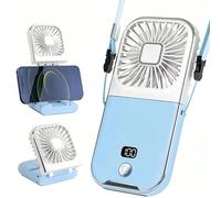 (blue) Folding handheld fan USB charging digital display outdoor mini neck hanging power bank fan，gift