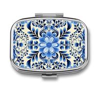 Blue Folk Art Pill Box 2 Compartment, Portable Pill Case with Mirror for Pocket Purse Travel, Mini Metal Medicine Organizer for Vitamins Fish Oil