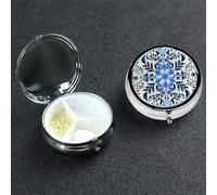 Blue Folk Art Pill Box 3 Compartment Round Metal Pill Case for Purse & Pocket, Portable Medicine Organizer Travel Pillbox Daily Pill Container Holder to Hold Vitamins, Fish Oil