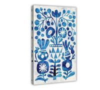 Blue Folk Mountain Flower Floral Art Canvas Poster Bedroom Decor Landscape Office Room Decor Gift 16x24inch(40x60cm)