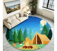 Blue Forest Camping Round Rug 120 cm, Outdoor Tent Washable Area Carpet | Adventure Scene Circle Playmat, Anti-Skid Rubber Backing, Soft Low Pile Play Rug for Children Room & Kids Play Area