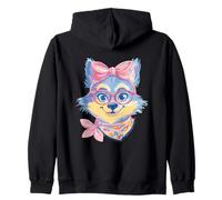 Blue Fox Portrait Animal Lover Graphic Pink Glasses Bow Zip Hoodie