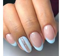 Blue French Glow Press On Nails - Long Almond Shape with Light Blue French Tip - 12PCS Glossy Nude Base False Nails for Women Full Cover Stick On Easy to Apply