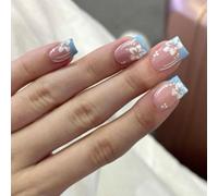 Blue French Tip Press on Nails Short Square, 24PCS Floral False Nails with Glue, Summer Flower Glue On Nails, Full Cover Acrylic Elegant Long Lasting Stick on Nails, Reusable Cute Manicure for Women