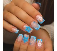 Blue French Tip Press On Nails with 3D Floral Design & Gold Bead Accents - Short Fake Acrylic Nail Kit for Women, Glossy Gel Stick On False with Stickers, Salon Quality Reusable Set