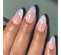 Blue French Tips Press on Nails Medium Almond with White Flower Design Glossy Spring Summer Blue Blossom Reusable Fake Nails for Women Girls Manicure Decoration 24pcs