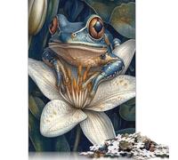 Blue Frog On Lily Puzzle Difficult Hard 100 Percent Recycled Cardboard Jigsaw Puzzle for Women Men 500pcs (52x38cm)