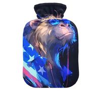 Blue Funny Animal Baboon 4th of July Independence Day Cute hot Water Bottle with Soft Cover, 1L hot Compress Bag for Period Cramps, Neck and Shoulder Pain Relief, Bolsa de agua Caliente para el