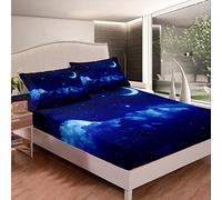 Blue Galaxy Fitted Sheet Outer Space Bedding Sheet Starry Sky Moon for Kids Boys Girls Microfiber Universe Double Size