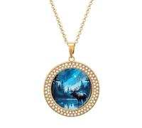 Blue Galaxy Forest Nature Deer Moose Diamond Necklace for Women Cute Alloy Pendants Necklace Jewelry Gift