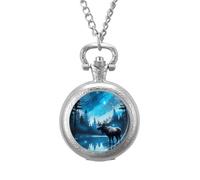 Blue Galaxy Forests Nature Deer Moose Vintage Pocket Watch Alloy Pendant Watches Necklace Gift for Men Women Silver-Style