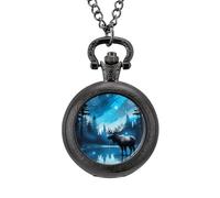 Blue Galaxy Forests Nature Deer Moose Vintage Pocket Watch Alloy Pendant Watches Necklace Gift for Men Women Black-Style