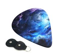 Blue galaxy Printed Guitar Picks, 6 Pack with Leather Keychain Pick Holder - 0.46mm, 0.71mm, 0.96mm Assorted Thickness for Acoustic Ukulele, Electric Guitar, Acoustic Guitar, Bass