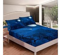 Blue Galaxy Starry Sky Bedding Sheet Star Moon Fitted Sheet for Boys Girls Kids Tree Branches Double Size