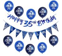 Blue Garland Happy 35th Birthday Banner + 35 Years Birthday Flags Triangle + 35 Pcs 35 Years Birthday Balloons 35 Years Old Man Decorations 35 Years Birthday 35 Years Man Deco Blue
