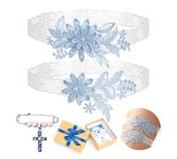 Blue Garters for Brides Set, 2 Pcs Wedding Garters Lace Thigh Garter with Cross Brooch Card, Elastic Leg Garter Fits 16-23 Inch, Bridal Garter Something Blue Accessories for Bride Wedding Garter Belt